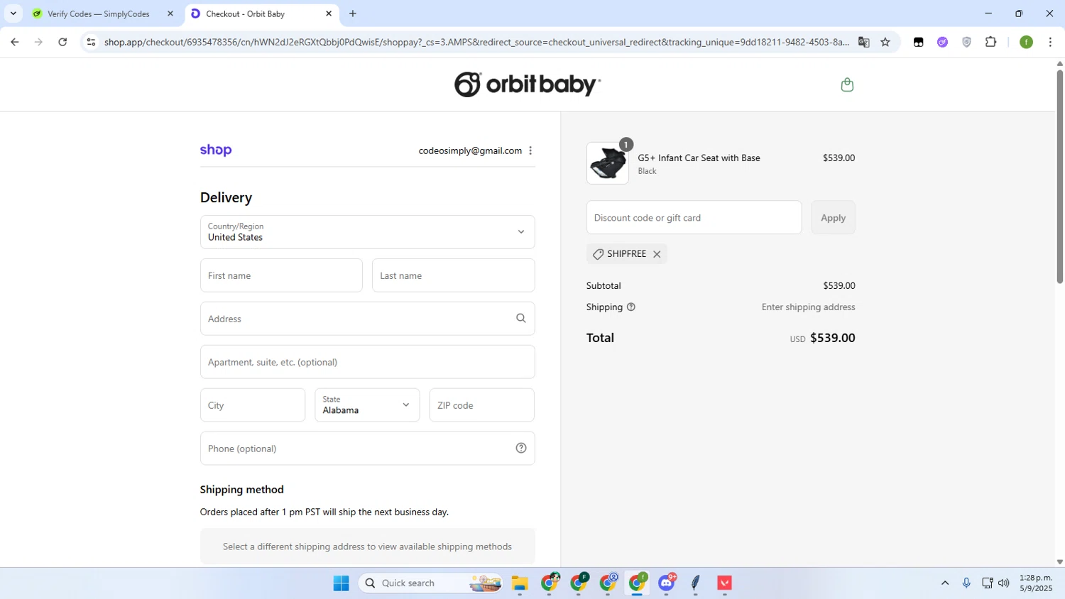 Orbit Baby discount code screenshot showing code SHIPFREE applied at Orbit Baby checkout page. Uploaded by SimplyCodes community member Irelia on Sep 5, 2025