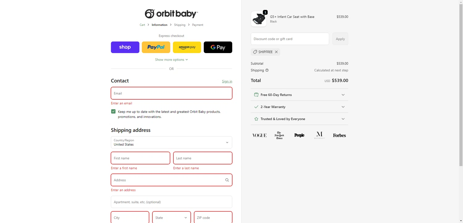 Orbit Baby discount code screenshot showing code SHIPFREE applied at Orbit Baby checkout page. Uploaded by SimplyCodes community member ScanRanger3503 on Dec 29, 2025