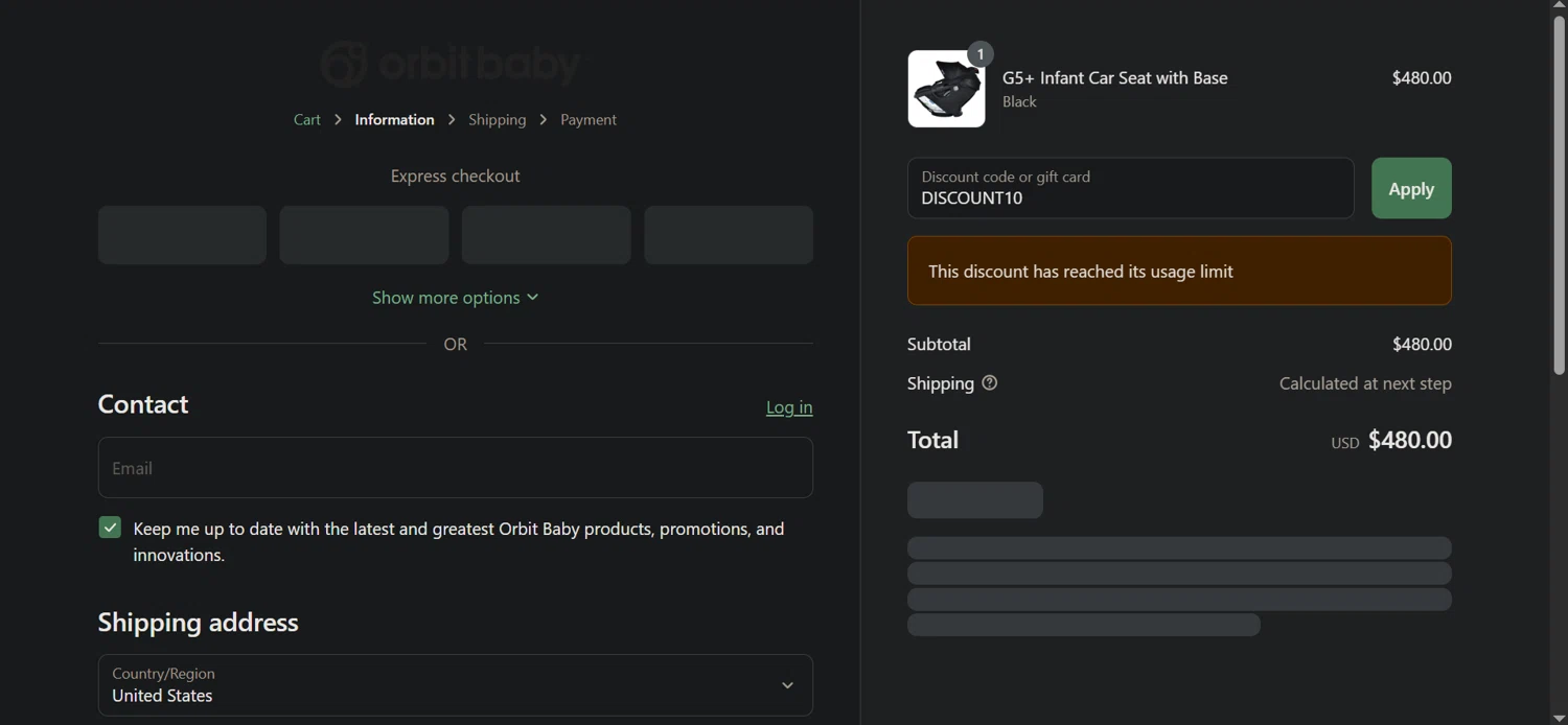 Orbit Baby discount code screenshot showing code DISCOUNT10 applied at Orbit Baby checkout page. Uploaded by SimplyCodes community member CashFinder8945 on Jun 3, 2025