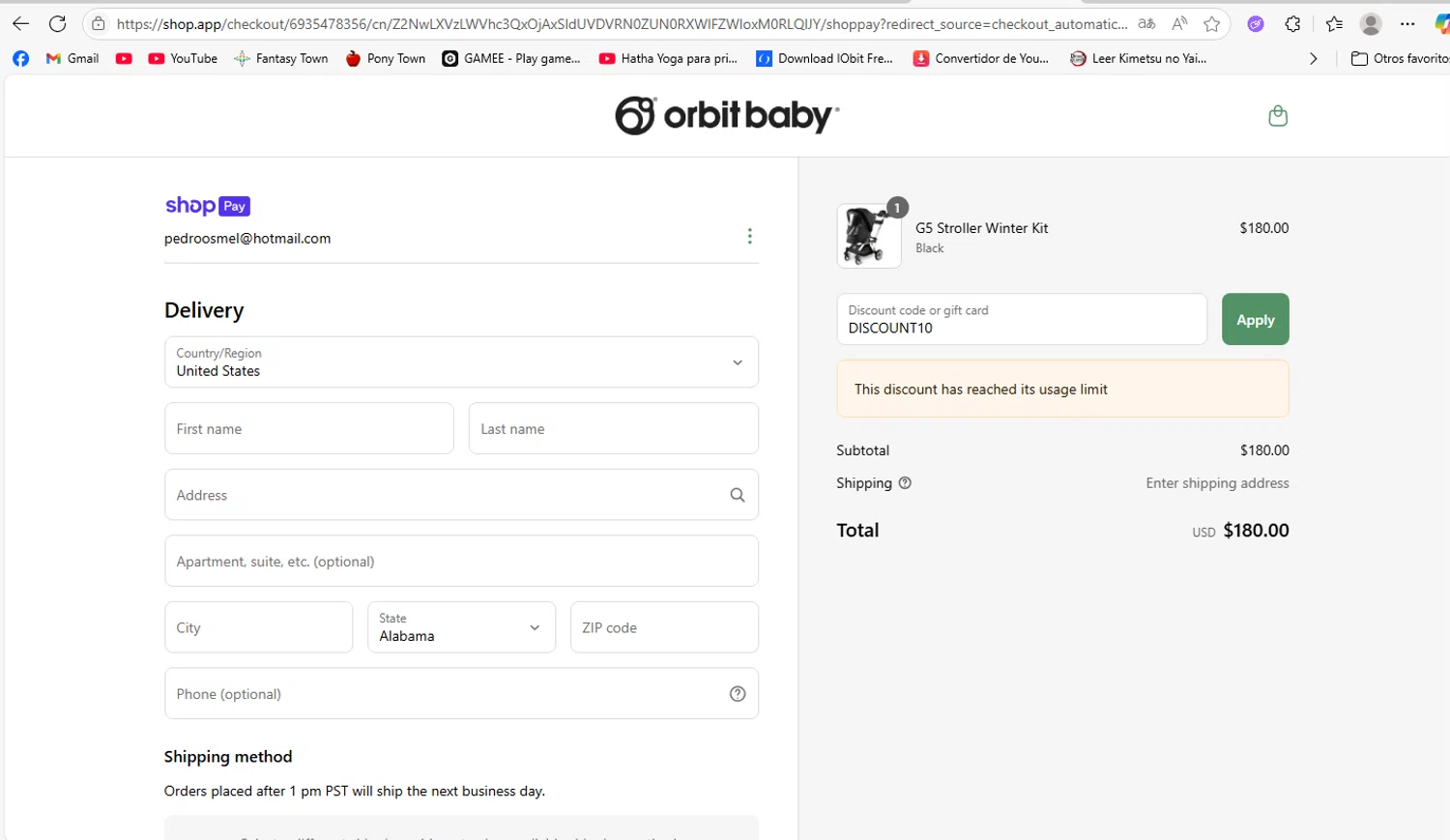 Orbit Baby discount code screenshot showing code DISCOUNT10 applied at Orbit Baby checkout page. Uploaded by SimplyCodes community member MoneyRanger9663 on Jun 3, 2025