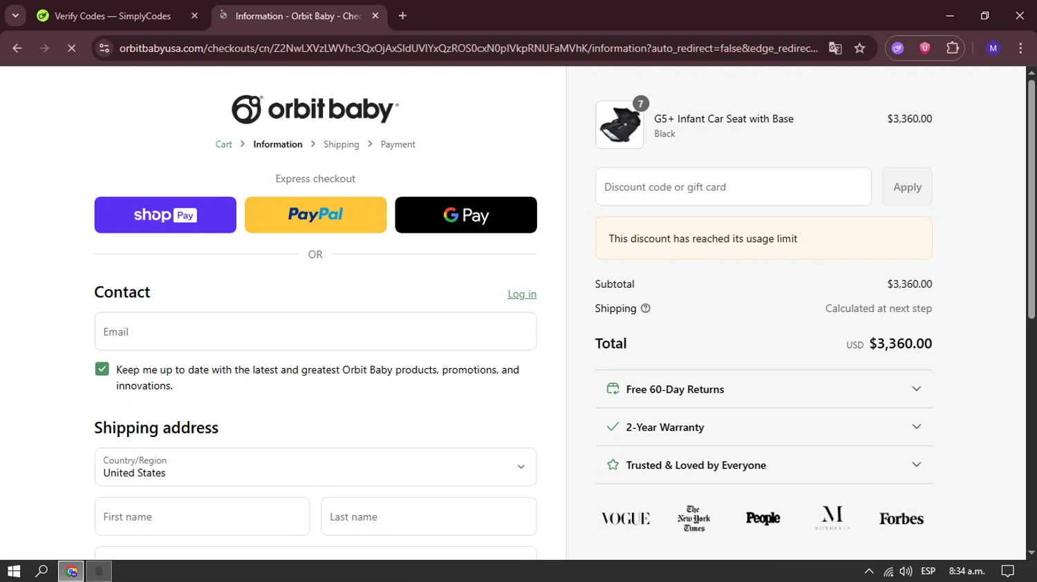 Orbit Baby discount code screenshot showing code DISCOUNT10 applied at Orbit Baby checkout page. Uploaded by SimplyCodes community member dominictoretto on Jun 3, 2025