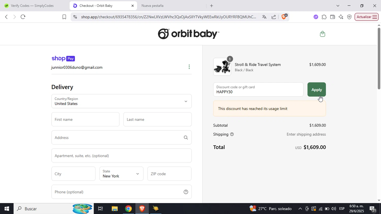 Orbit Baby discount code screenshot showing code HAPPY30 applied at Orbit Baby checkout page. Uploaded by SimplyCodes community member Mujerdejunnior on Jun 29, 2025