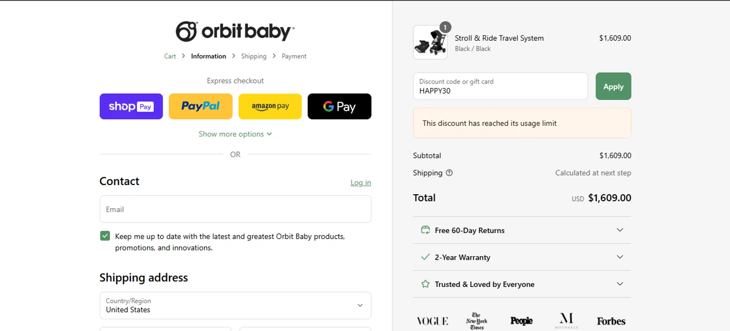 Orbit Baby discount code screenshot showing code HAPPY30 applied at Orbit Baby checkout page. Uploaded by SimplyCodes community member NobleHunter6751 on Jun 29, 2025
