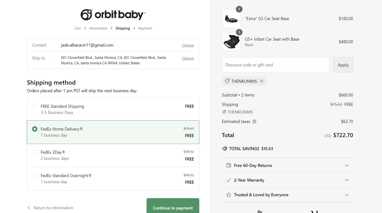 Orbit Baby discount code screenshot showing code THENKUNIMS applied at Orbit Baby checkout page. Uploaded by SimplyCodes community member jade5416625024720 on Sep 29, 2024