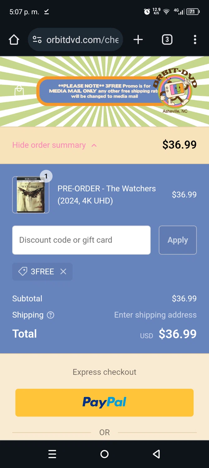 Orbit DVD checkout page showing Orbit DVD promo code box | Screenshot taken by SimplyCodes community member on Jun 29, 2024