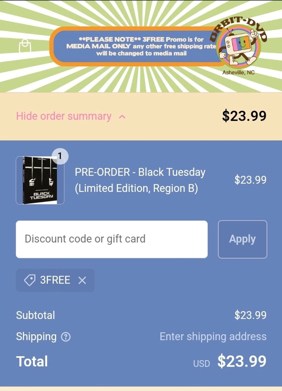Orbit DVD checkout page showing Orbit DVD promo code box | Screenshot taken by SimplyCodes community member on Aug 29, 2024