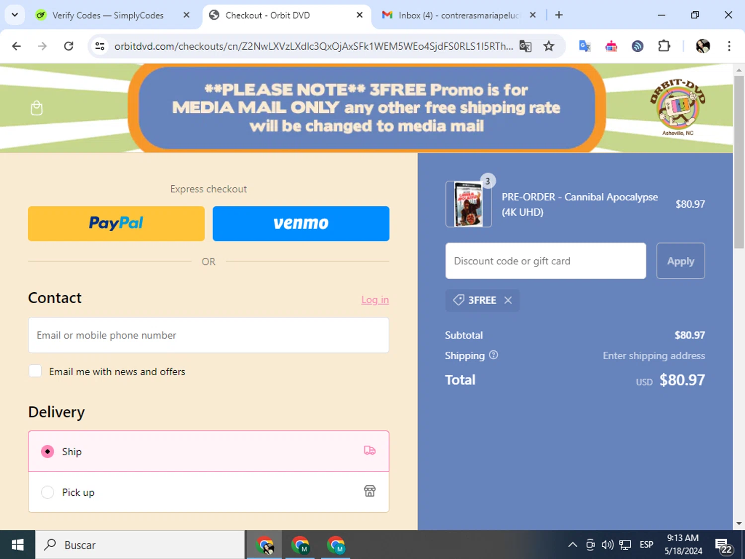 Orbit DVD checkout page showing Orbit DVD promo code box | Screenshot taken by SimplyCodes community member on May 18, 2024
