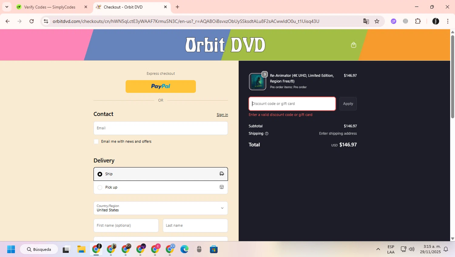 Orbit DVD promo code screenshot showing code YEAR10 applied at Orbit DVD checkout page. Uploaded by SimplyCodes community member ChinoYugiXD on Nov 29, 2025