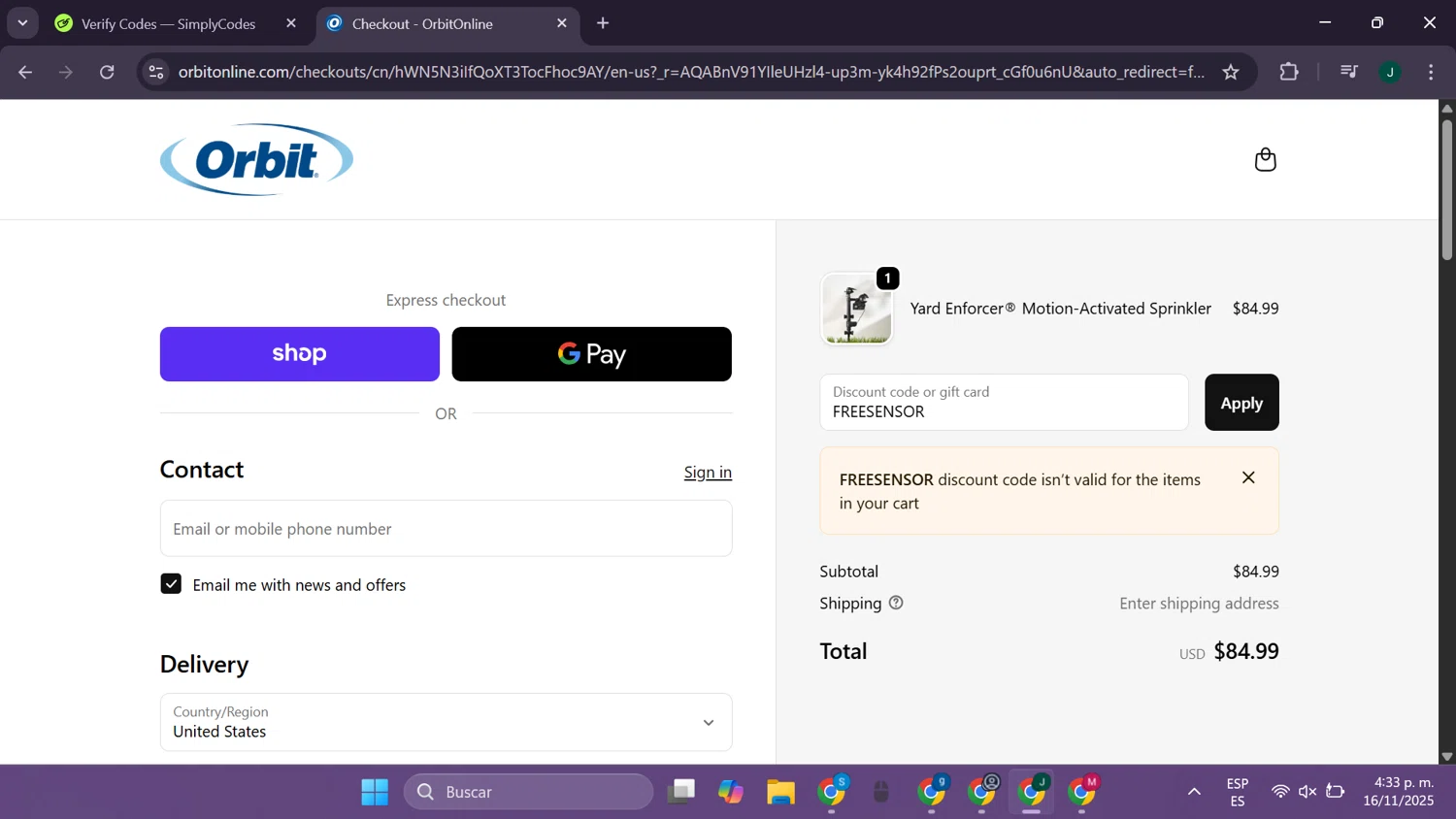 Orbit Irrigation promo code screenshot showing code FREESENSOR applied at Orbit Irrigation checkout page. Uploaded by SimplyCodes community member CleverElite8110 on Nov 16, 2025