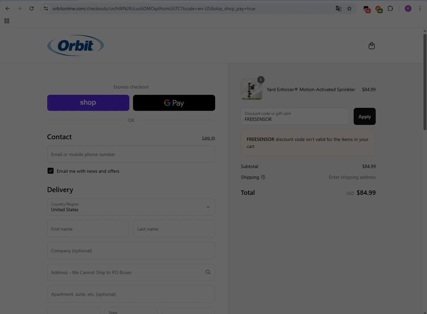 Orbit Irrigation promo code screenshot showing code FREESENSOR applied at Orbit Irrigation checkout page. Uploaded by SimplyCodes community member GloriousMaven6295 on Aug 28, 2025