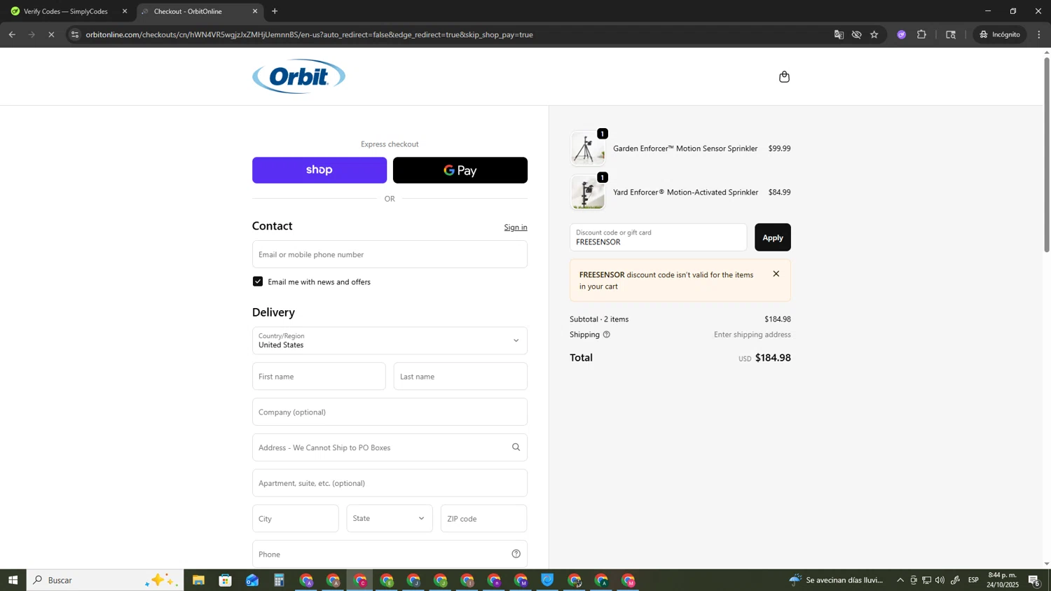 Orbit Irrigation promo code screenshot showing code FREESENSOR applied at Orbit Irrigation checkout page. Uploaded by SimplyCodes community member TOROREX250 on Oct 25, 2025