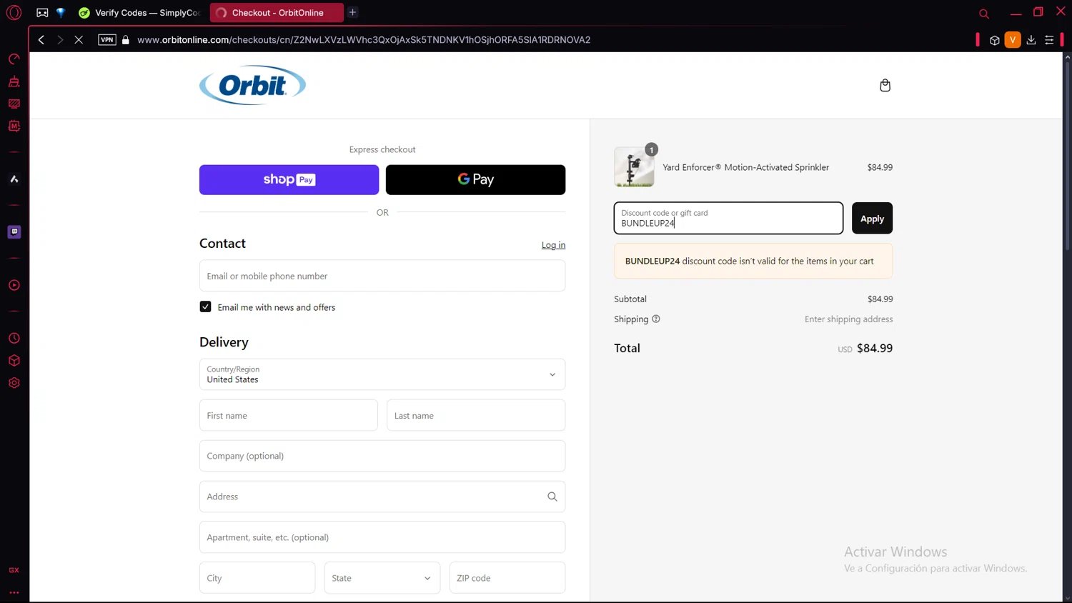 Orbit Irrigation promo code screenshot showing code BUNDLEUP24 applied at Orbit Irrigation checkout page. Uploaded by SimplyCodes community member BrilliantLion4485 on Mar 7, 2025