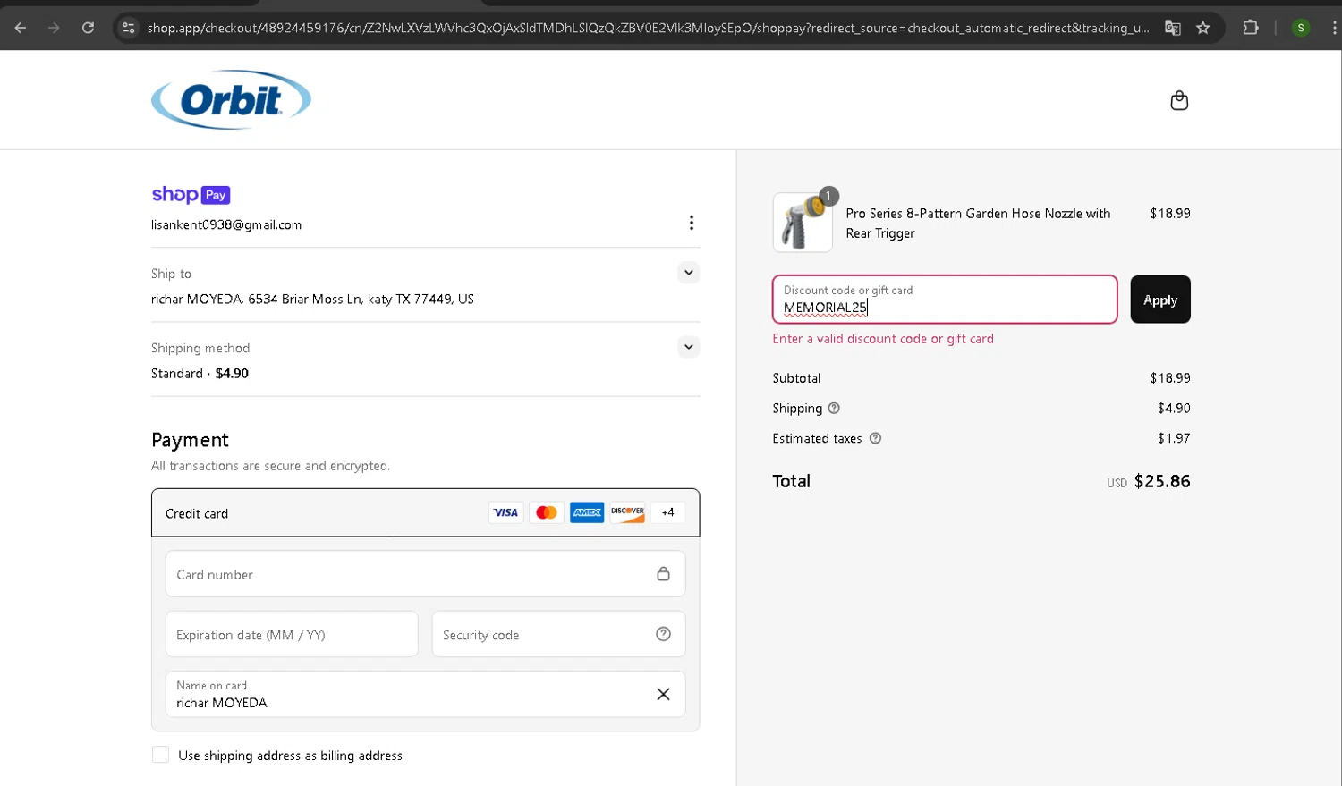 Orbit Irrigation promo code screenshot showing code MEMORIAL25 applied at Orbit Irrigation checkout page. Uploaded by SimplyCodes community member CodeTiger886 on Jun 2, 2025