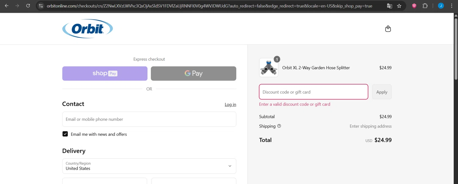 Orbit Irrigation promo code screenshot showing code MEMORIAL25 applied at Orbit Irrigation checkout page. Uploaded by SimplyCodes community member Jeanjc on Jun 2, 2025