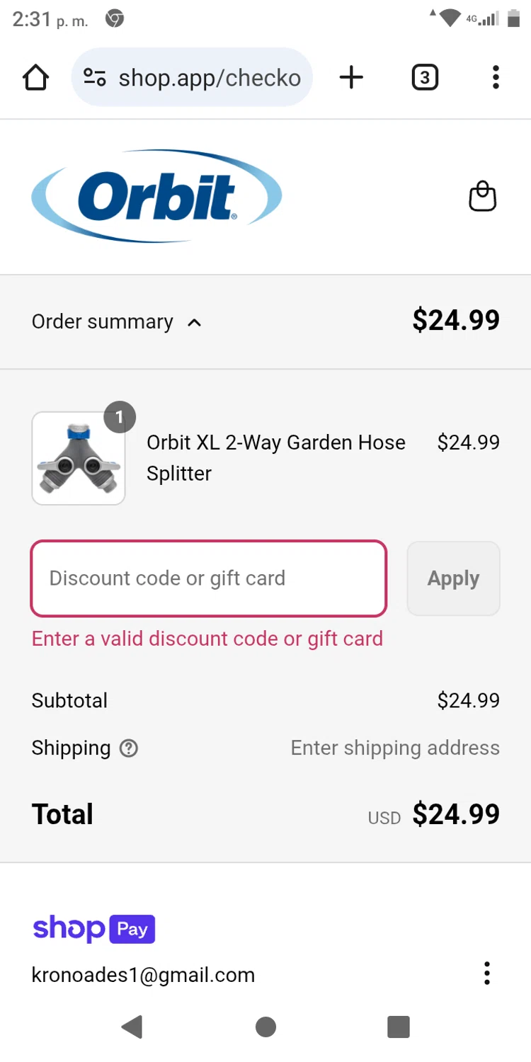 Orbit Irrigation promo code screenshot showing code MEMORIAL25 applied at Orbit Irrigation checkout page. Uploaded by SimplyCodes community member franksanchez on Jun 2, 2025