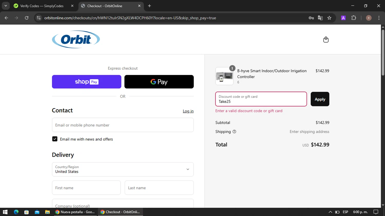 Orbit Irrigation promo code screenshot showing code Take25 applied at Orbit Irrigation checkout page. Uploaded by SimplyCodes community member VoucherRanger901 on Jul 25, 2025