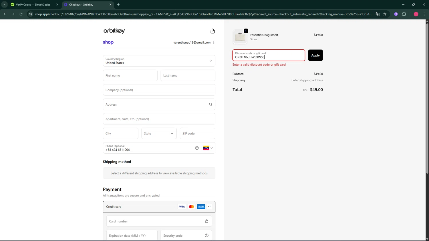 Orbitkey promo code screenshot showing code ORBIT10-JHW5XWS8 applied at Orbitkey checkout page. Uploaded by SimplyCodes community member BargainSeeker9964 on Apr 1, 2026