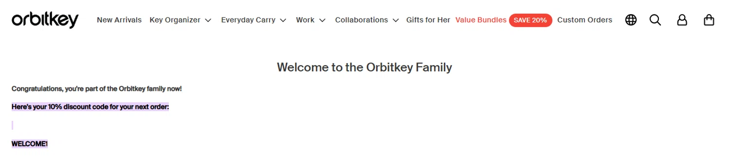 Orbitkey promo code screenshot showing code WELCOME1 applied at Orbitkey checkout page. Uploaded by SimplyCodes community member PaulSkenes on May 7, 2026
