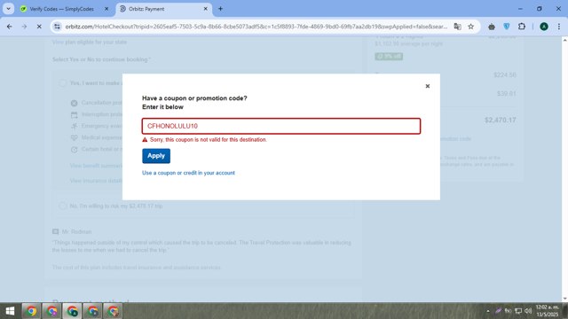 Orbitz checkout page showing Orbitz promo code box | Screenshot taken by SimplyCodes community member on May 13, 2025