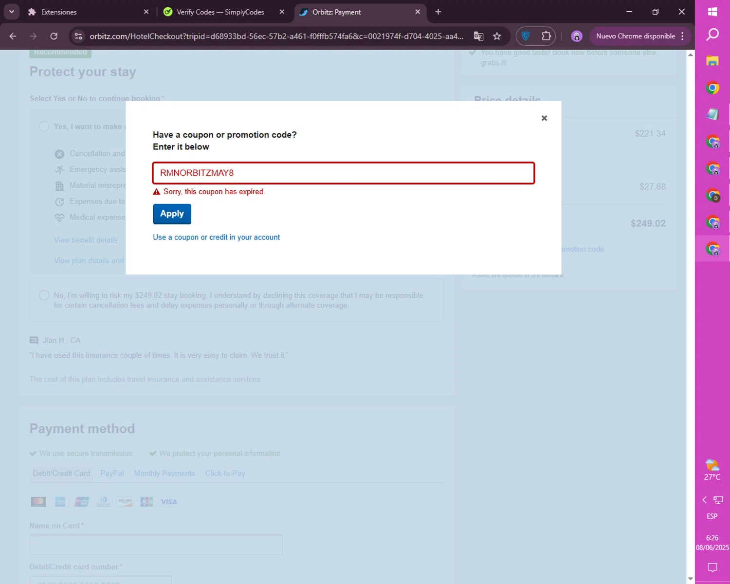 Orbitz promo code screenshot showing code RMNORBITZMAY8 applied at Orbitz checkout page. Uploaded by SimplyCodes community member FortunateScholar4524 on Jun 8, 2025