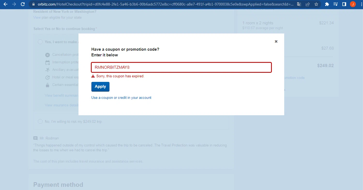 Orbitz promo code screenshot showing code RMNORBITZMAY8 applied at Orbitz checkout page. Uploaded by SimplyCodes community member FranquizJoel on Jun 8, 2025