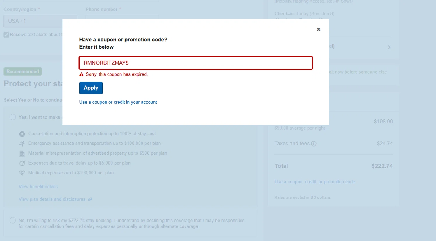 Orbitz promo code screenshot showing code RMNORBITZMAY8 applied at Orbitz checkout page. Uploaded by SimplyCodes community member lmarin10 on Jun 8, 2025