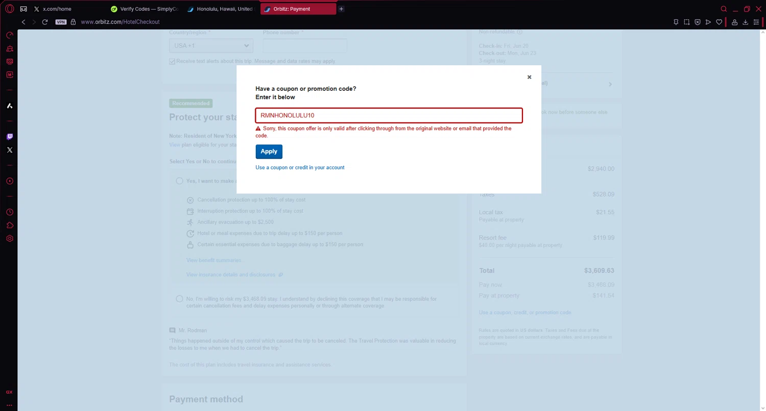 Orbitz promo code screenshot showing code RMNHONOLULU10 applied at Orbitz checkout page. Uploaded by SimplyCodes community member Veigarwaton on Jun 11, 2025