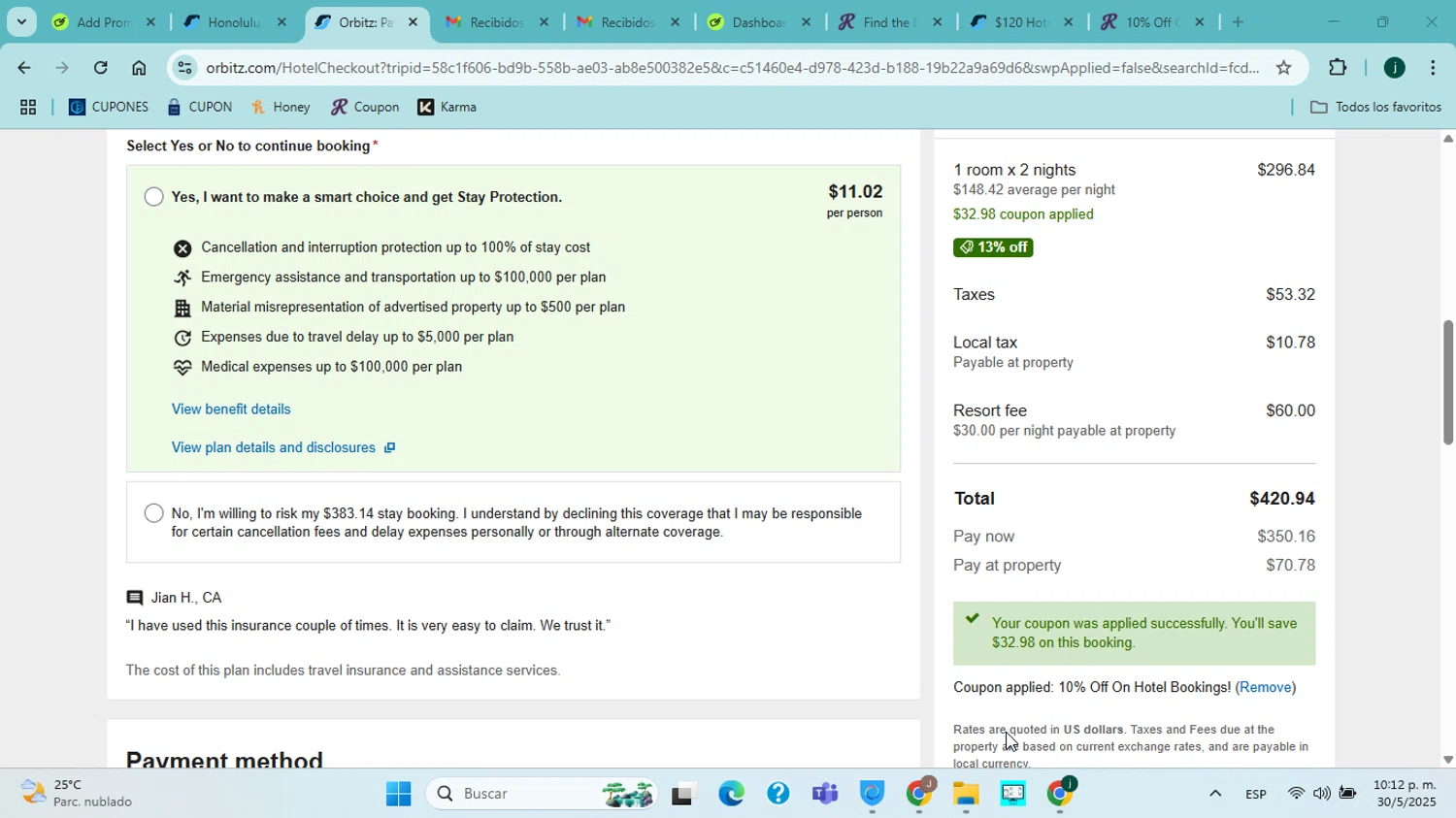 Orbitz promo code screenshot showing code RMNORLANDO10 applied at Orbitz checkout page. Uploaded by SimplyCodes community member jorgejavierherrera on May 31, 2025