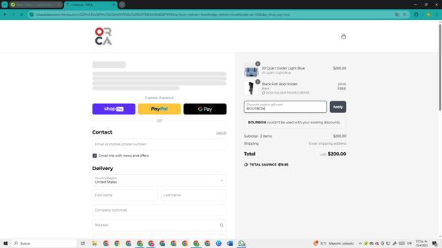 Orca Coolers checkout page showing Orca Coolers coupon code box | Screenshot taken by SimplyCodes community member on Apr 15, 2025