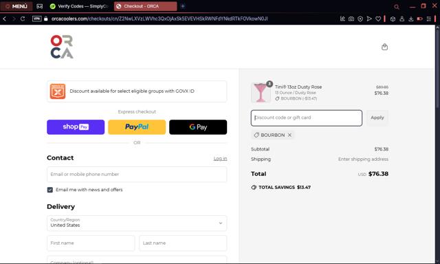 Orca Coolers checkout page showing Orca Coolers coupon code box | Screenshot taken by SimplyCodes community member on Mar 23, 2025
