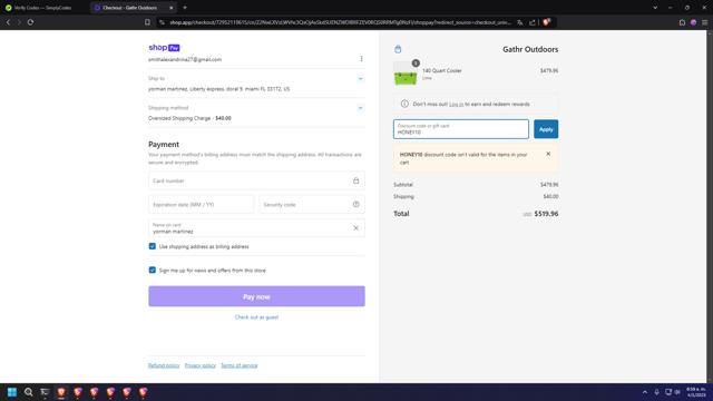 Orca Coolers checkout page showing Orca Coolers coupon code box | Screenshot taken by SimplyCodes community member on Jan 4, 2025
