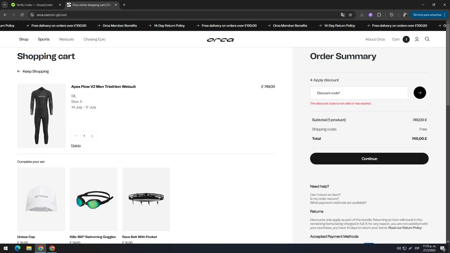 Orca US promo code screenshot showing code EXTRA20 applied at Orca US checkout page. Uploaded by SimplyCodes community member ELMARRON on Mar 28, 2025