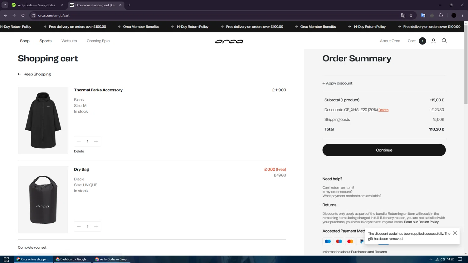 Orca US checkout page showing Orca US promo code box | Screenshot taken by SimplyCodes community member on Aug 26, 2024