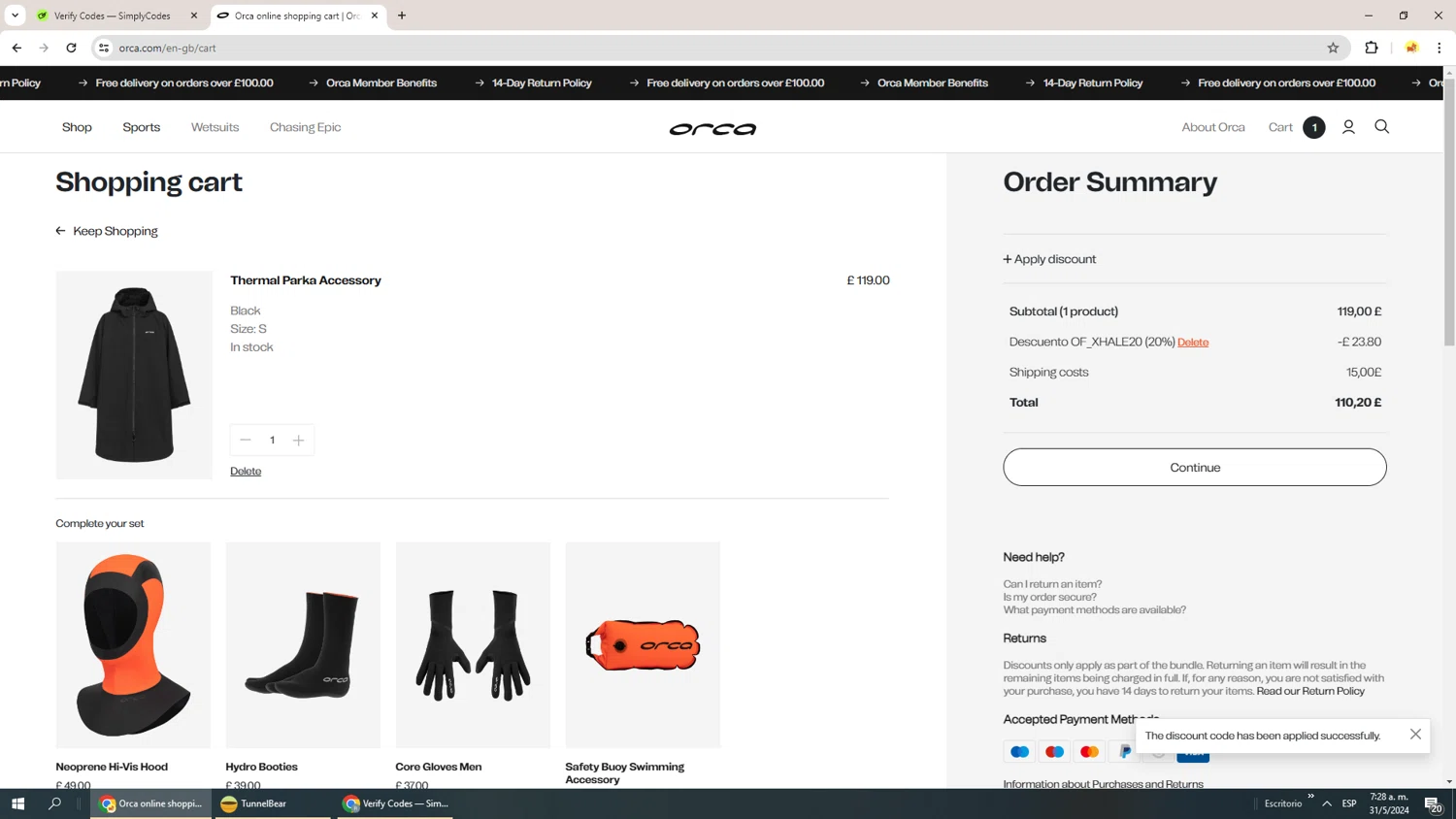 Orca US checkout page showing Orca US promo code box | Screenshot taken by SimplyCodes community member on May 31, 2024