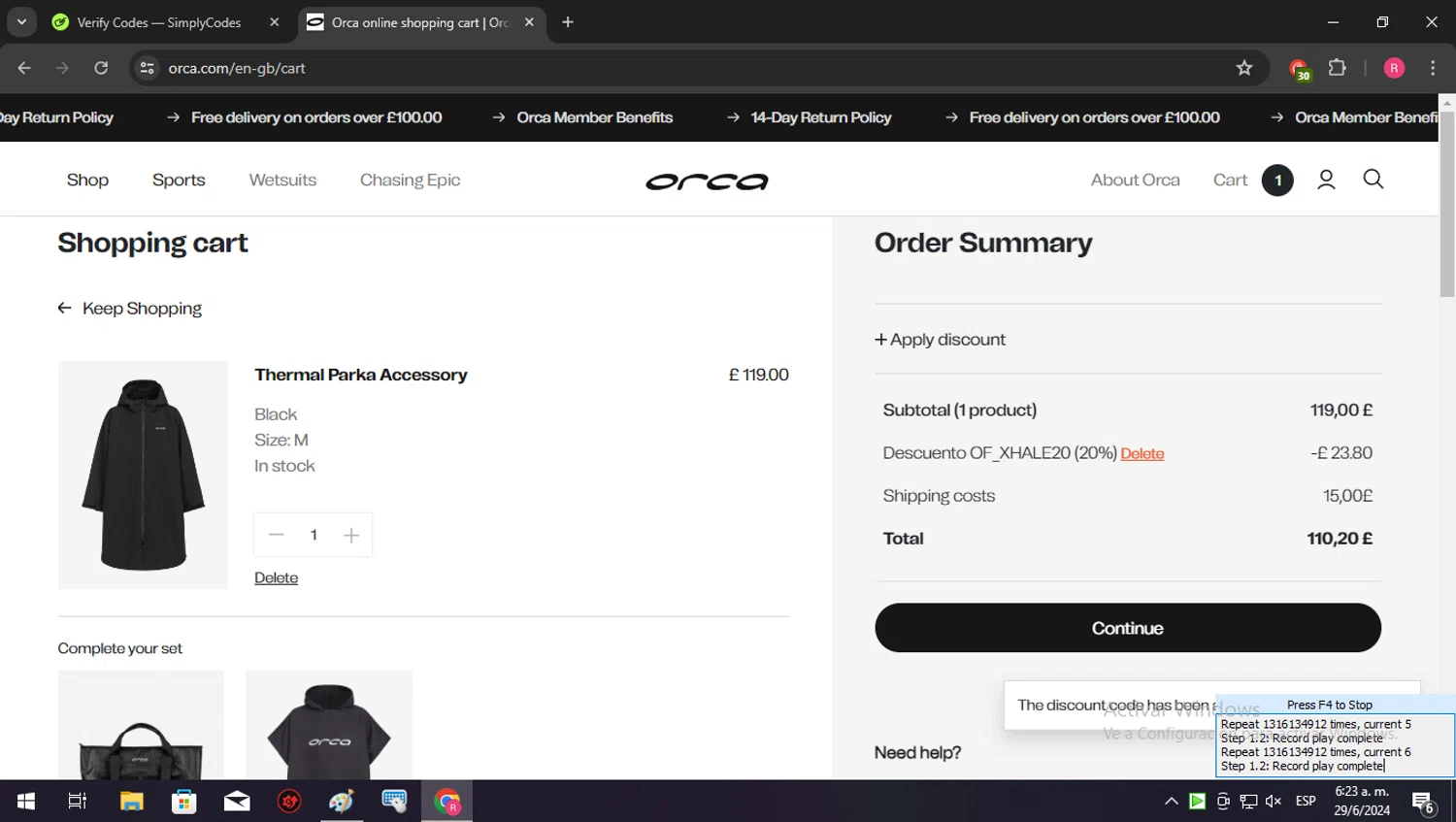 Orca US checkout page showing Orca US promo code box | Screenshot taken by SimplyCodes community member on Jun 29, 2024