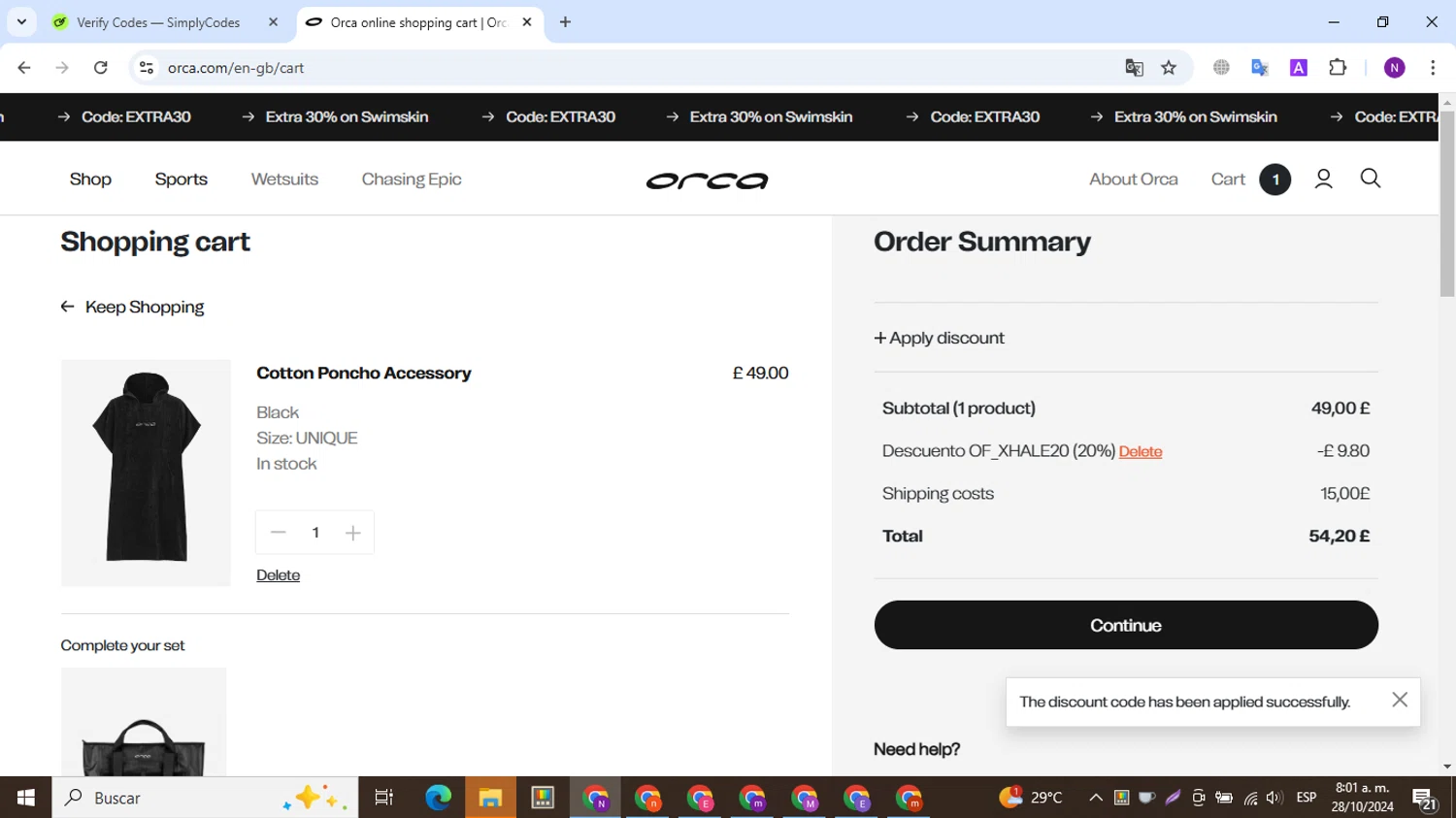 Orca US checkout page showing Orca US promo code box | Screenshot taken by SimplyCodes community member on Oct 28, 2024