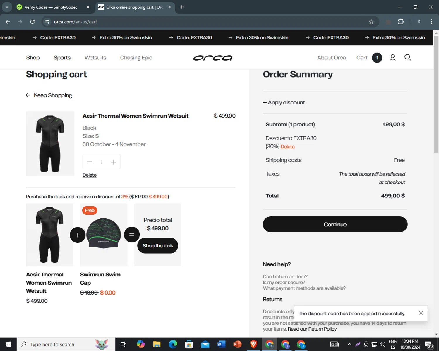 Orca US checkout page showing Orca US promo code box | Screenshot taken by SimplyCodes community member on Oct 31, 2024
