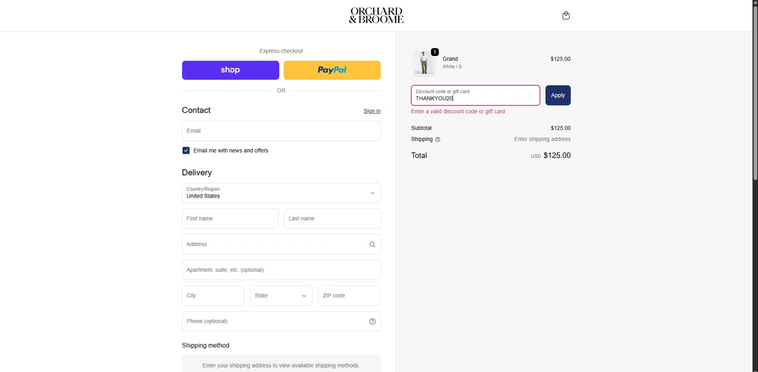 Orchard & Broome promo code screenshot showing code THANKYOU20 applied at Orchard & Broome checkout page. Uploaded by SimplyCodes community member CouponPro7532 on Oct 20, 2025