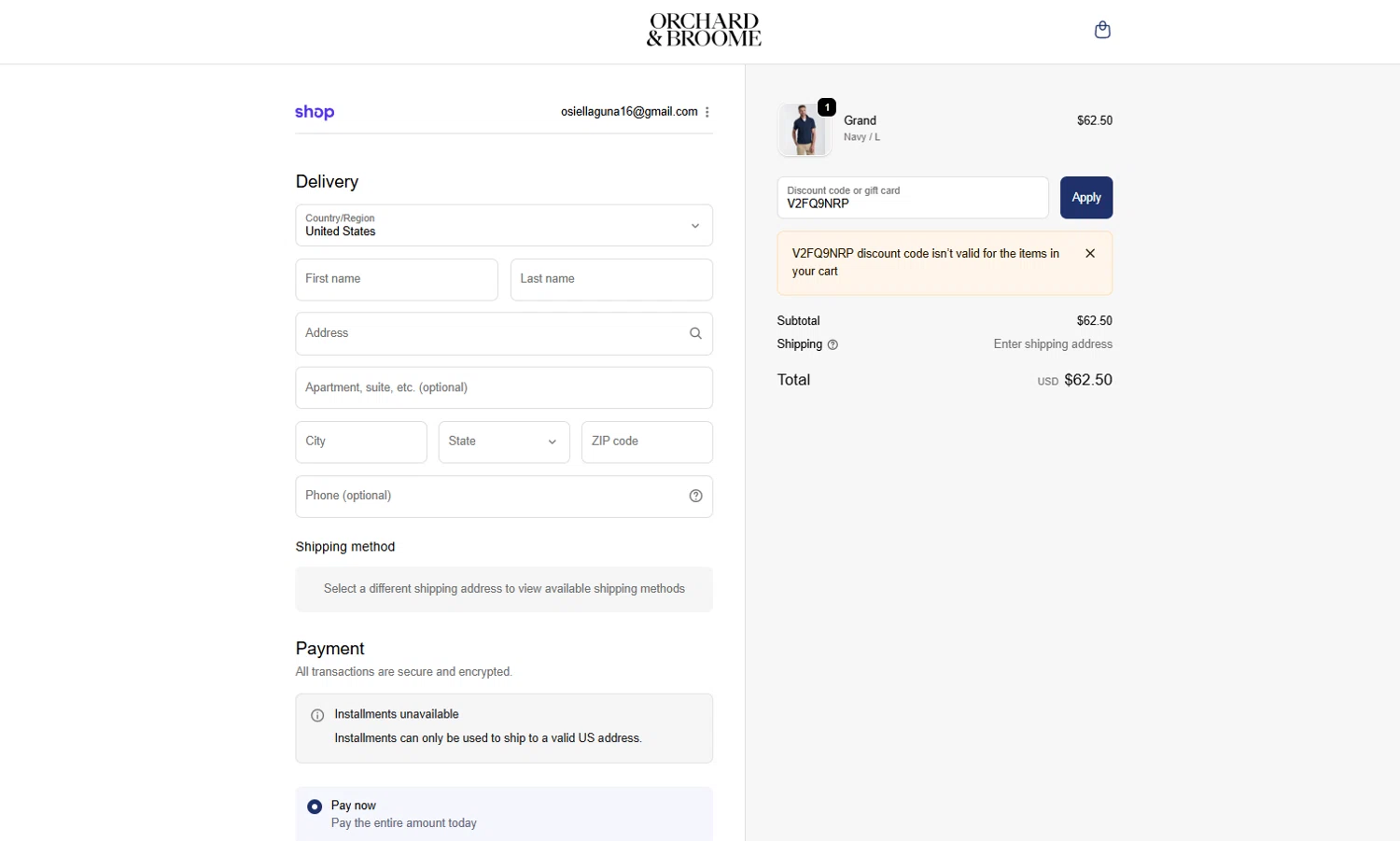 Orchard & Broome promo code screenshot showing code V2FQ9NRP applied at Orchard & Broome checkout page. Uploaded by SimplyCodes community member ishidashoya on Dec 6, 2025