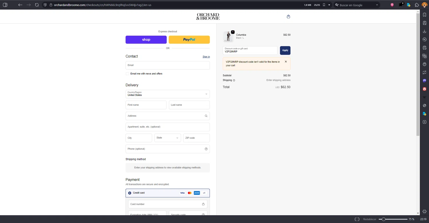 Orchard & Broome promo code screenshot showing code V2FQ9NRP applied at Orchard & Broome checkout page. Uploaded by SimplyCodes community member MRDEAL on Dec 6, 2025