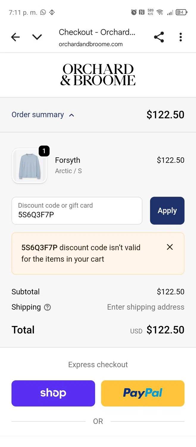 Orchard & Broome promo code screenshot showing code 5S6Q3F7P applied at Orchard & Broome checkout page. Uploaded by SimplyCodes community member MRDEAL on Nov 11, 2025