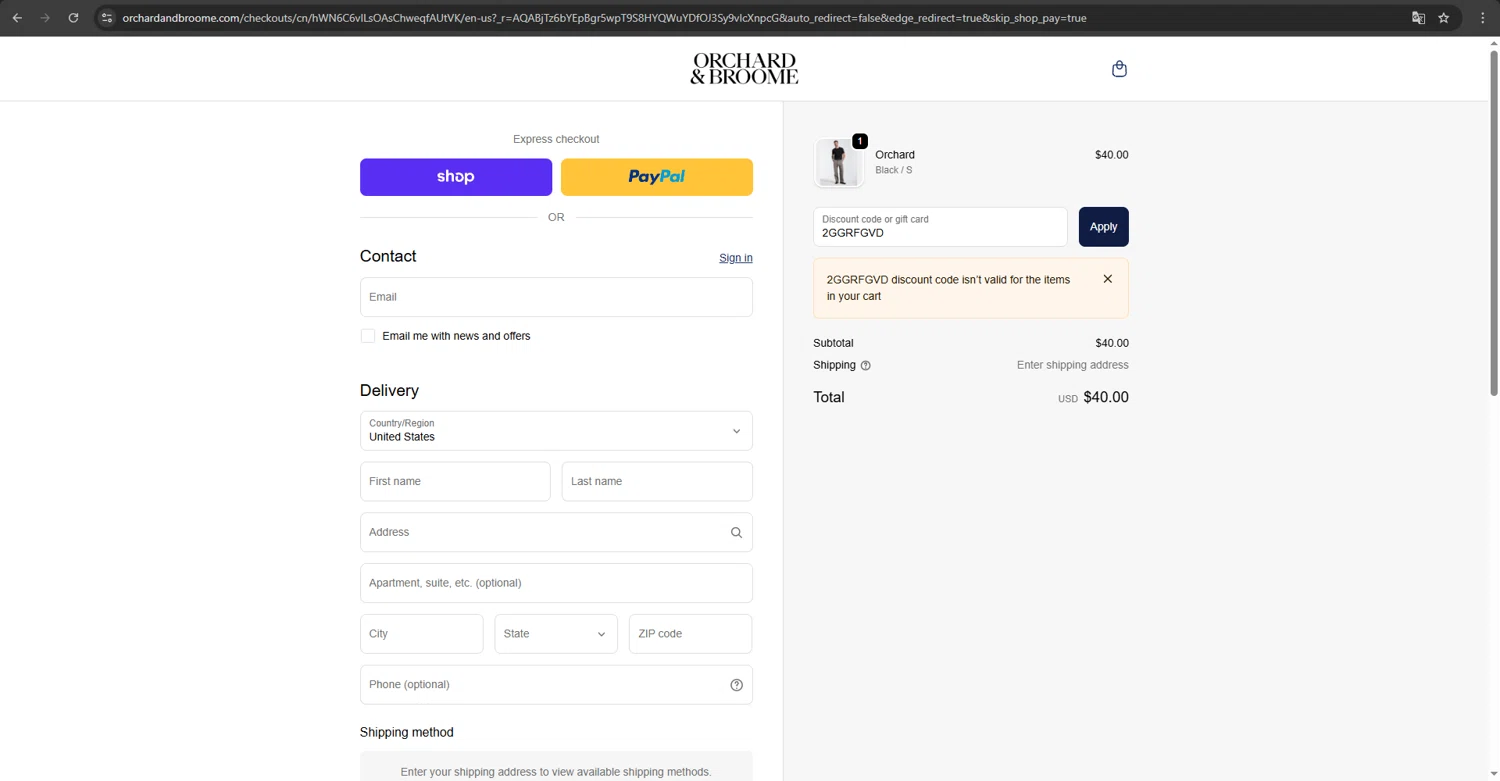 Orchard & Broome promo code screenshot showing code 2GGRFGVD applied at Orchard & Broome checkout page. Uploaded by SimplyCodes community member MRDEAL on Dec 8, 2025