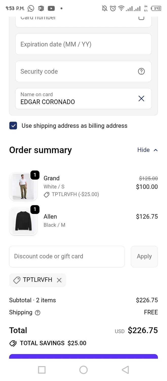Orchard & Broome promo code screenshot showing code Tptlrvfh applied at Orchard & Broome checkout page. Uploaded by SimplyCodes community member tumiedo on Oct 20, 2025