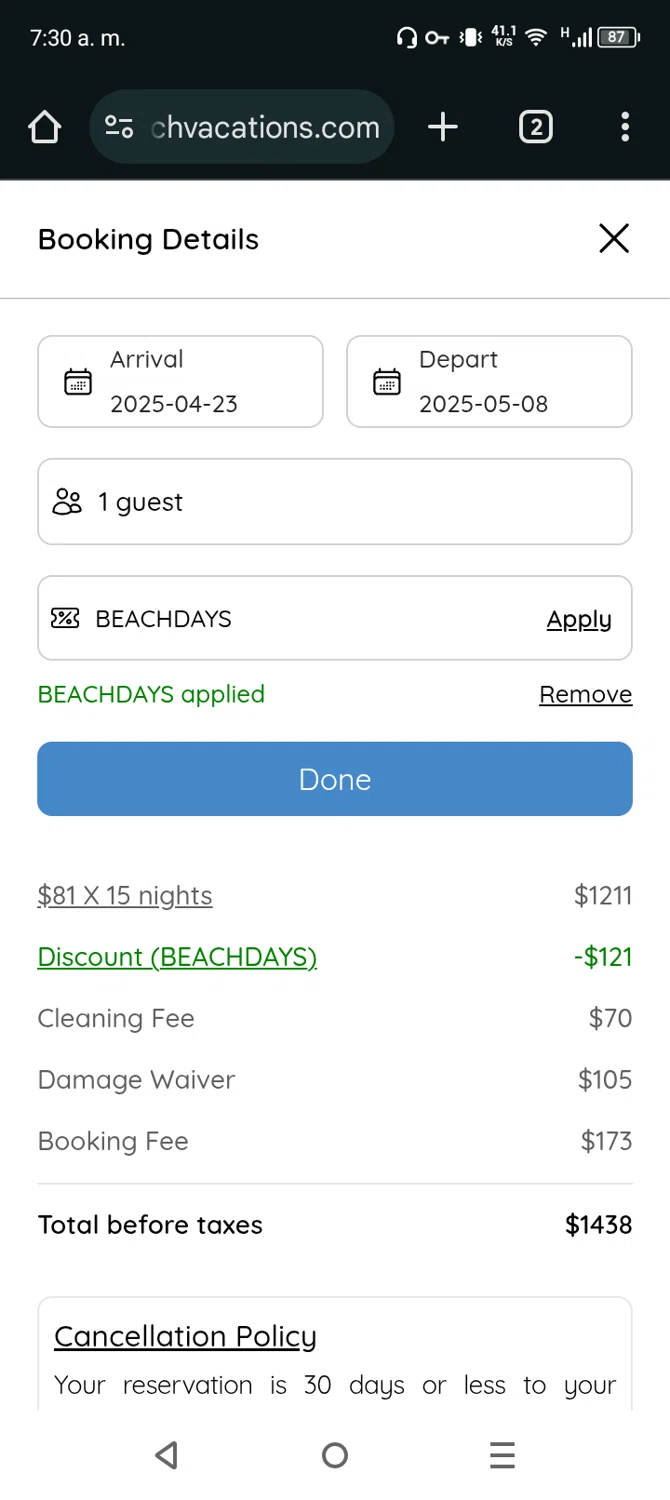Oregon Beach Vacations promo code screenshot showing code BEACHDAYS applied at Oregon Beach Vacations checkout page. Uploaded by SimplyCodes community member Vanmanuel on Apr 6, 2025