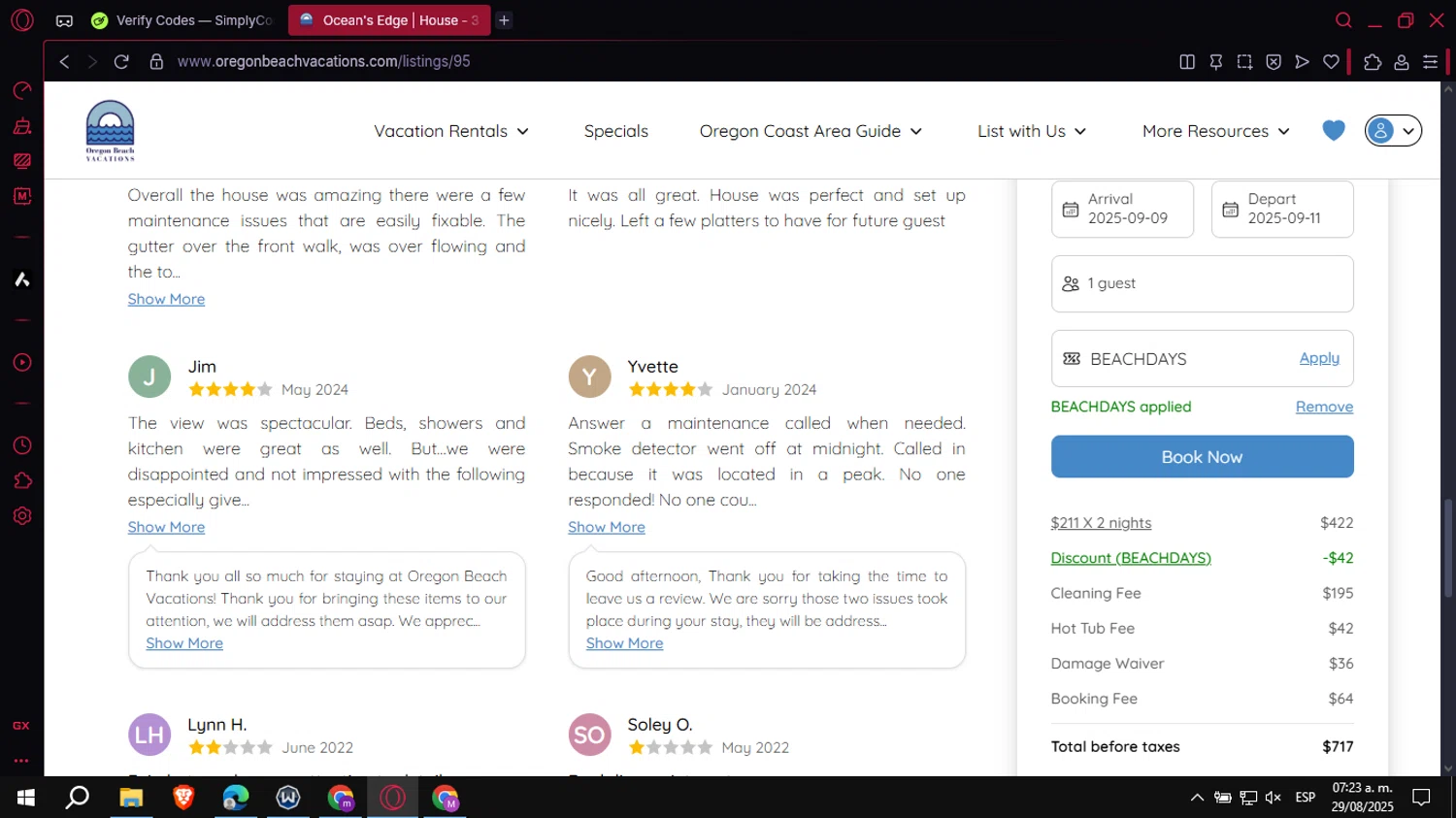 Oregon Beach Vacations promo code screenshot showing code BEACHDAYS applied at Oregon Beach Vacations checkout page. Uploaded by SimplyCodes community member VoucherCollector3778 on Aug 29, 2025