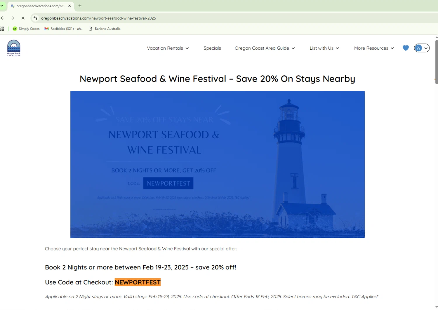 Oregon Beach Vacations promo code screenshot showing code NEWPORTFEST applied at Oregon Beach Vacations checkout page. Uploaded by SimplyCodes community member TreasureGuardian9215 on Sep 10, 2025