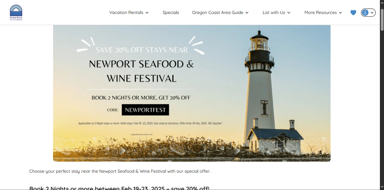Oregon Beach Vacations promo code screenshot showing code NEWPORTFEST applied at Oregon Beach Vacations checkout page. Uploaded by SimplyCodes community member Xiooh292929 on Aug 12, 2025