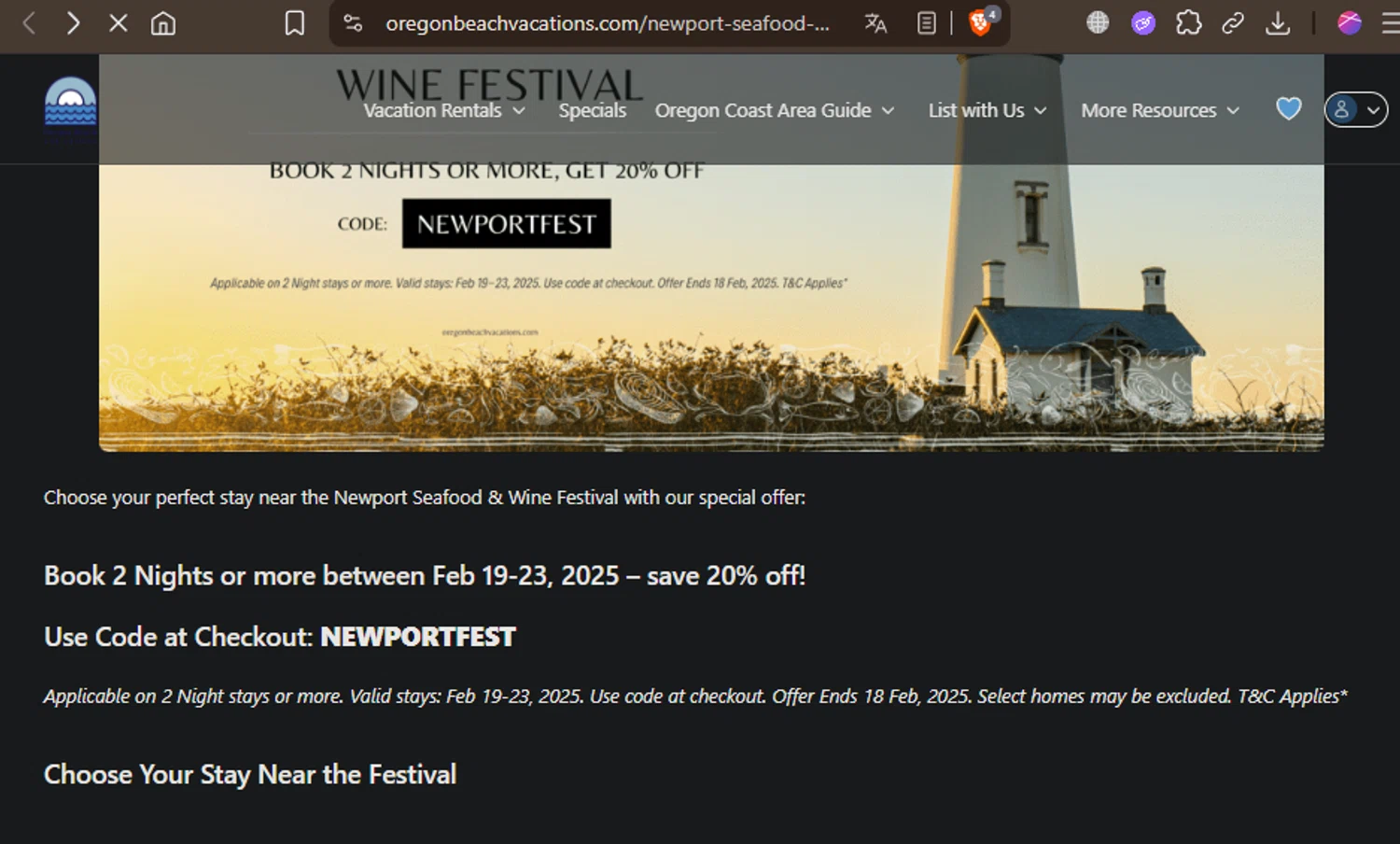 Oregon Beach Vacations promo code screenshot showing code NEWPORTFEST applied at Oregon Beach Vacations checkout page. Uploaded by SimplyCodes community member idkxxx on Oct 9, 2025