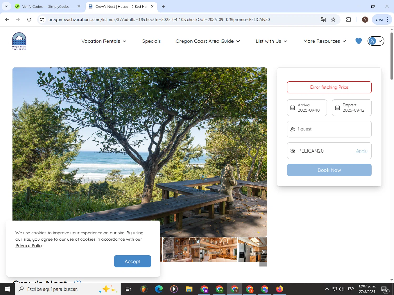 Oregon Beach Vacations promo code screenshot showing code PELICAN20 applied at Oregon Beach Vacations checkout page. Uploaded by SimplyCodes community member CashLion3448 on Aug 27, 2025