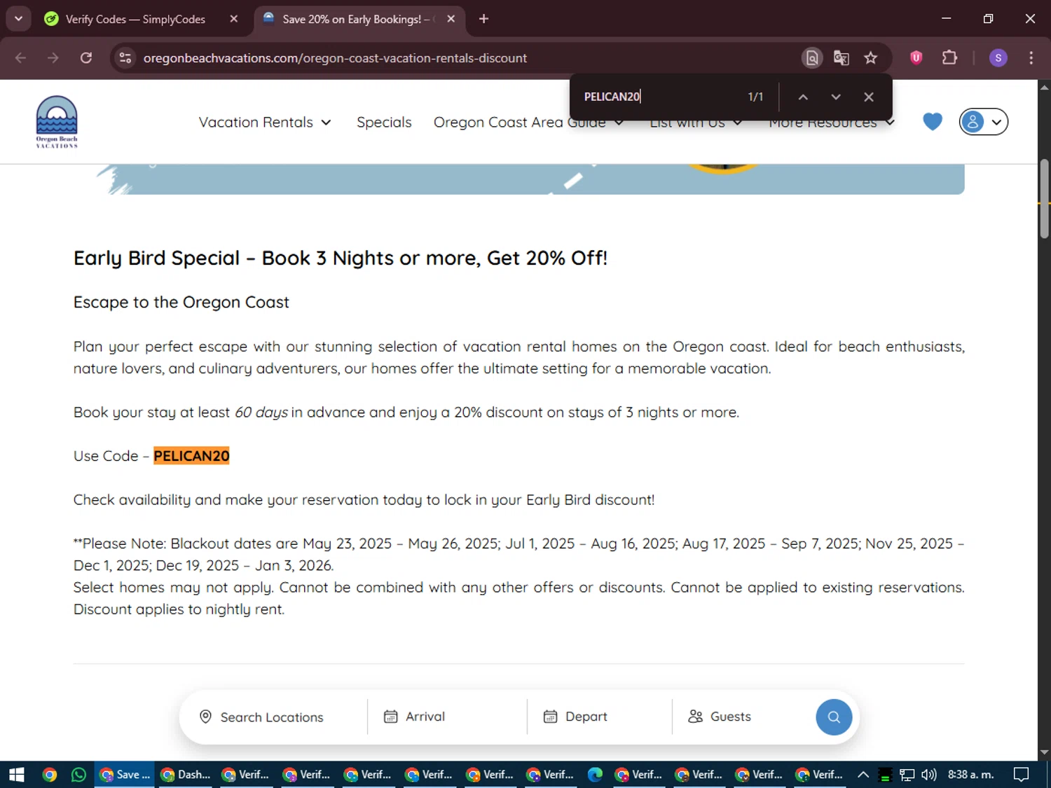 Oregon Beach Vacations promo code screenshot showing code PELICAN20 applied at Oregon Beach Vacations checkout page. Uploaded by SimplyCodes community member LuckyVoyager688 on Jun 30, 2025
